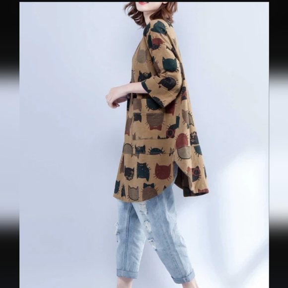 EllaZhu Brown Cat Short SleeveBaggy Tunic Shirt Womens Size One Size - Picture 4 of 12